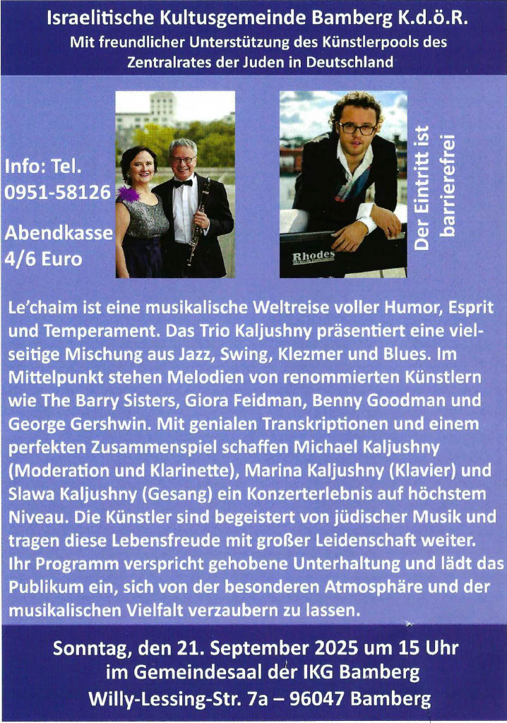 Flyer zum Le'chaim-Konzert in der IKG Bamberg
